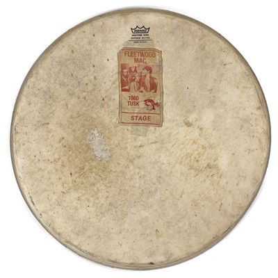 Lot 164 - FLEETWOOD MAC. A 'Mick Fleetwood' drum head from their TUSK tour, 1980, with stage pass.