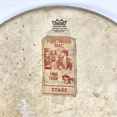 Lot 164 - FLEETWOOD MAC. A 'Mick Fleetwood' drum head from their TUSK tour, 1980, with stage pass.