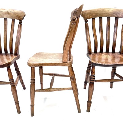 Lot 59 - A set of four beech and elm lathe back kitchen chairs, 19th century (4).