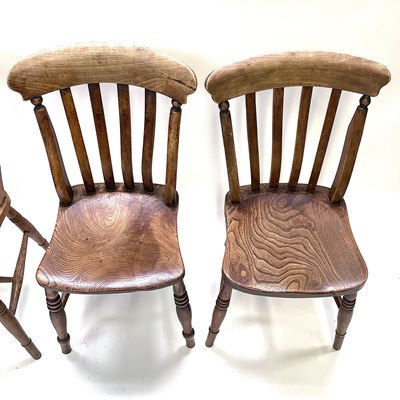 Lot 59 - A set of four beech and elm lathe back kitchen chairs, 19th century (4).