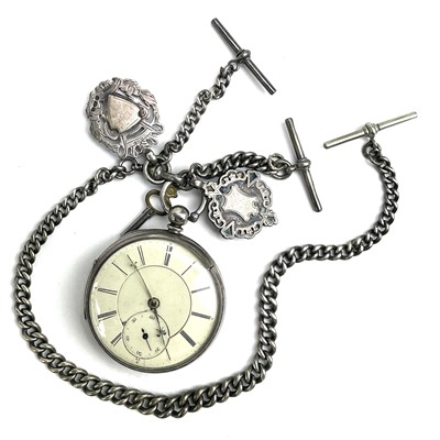 Lot 381 - A Victorian silver cased fusee key wind pocket watch with silver Albert watch chain.