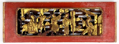 Lot 20 - Seven Chinese carved wood gilt and red painted panels, early 20th century.