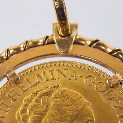 Lot 116 - A Netherlands 10 Gulden 22ct gold coin within an 18ct pendant mount.