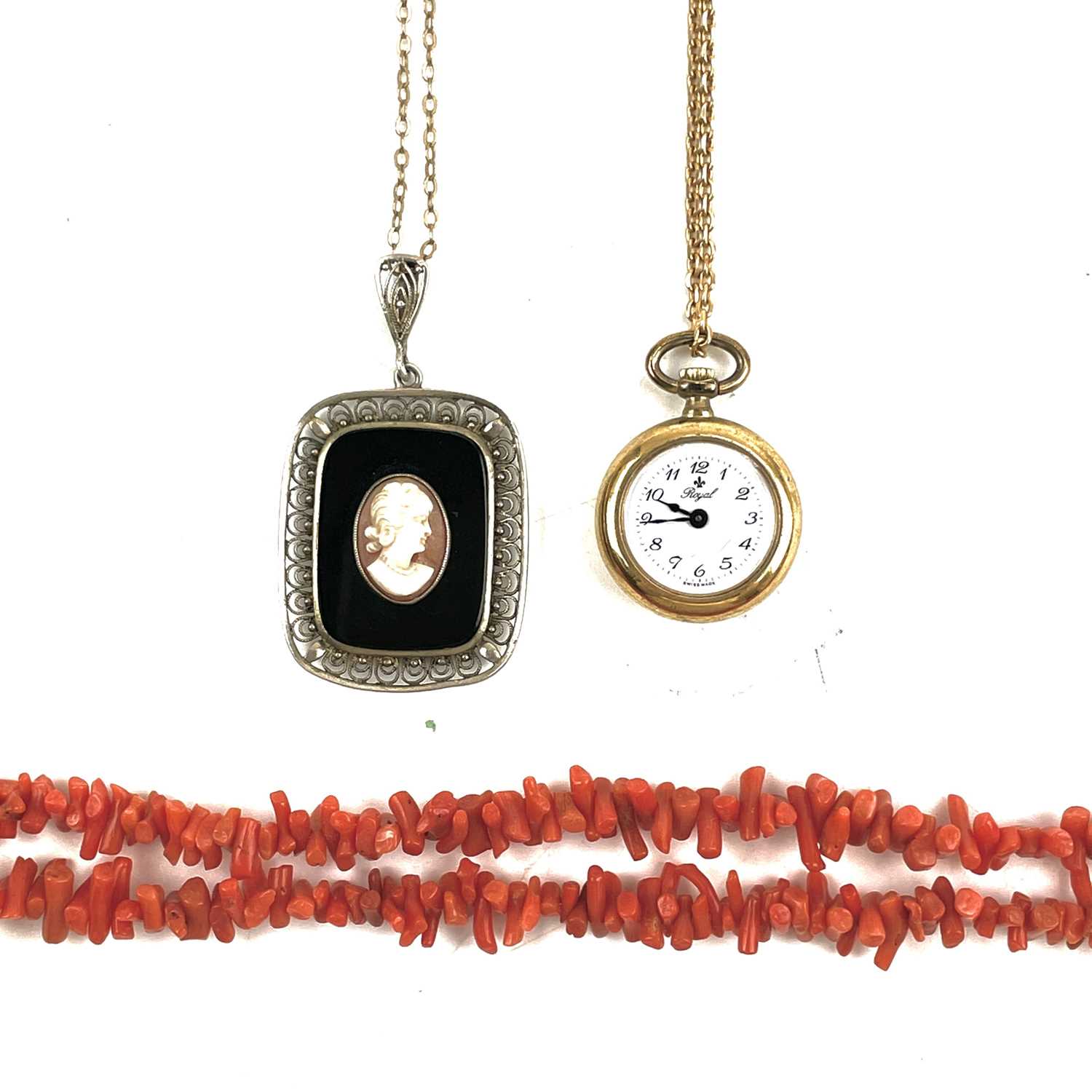 Lot 247 - A coral stick bead necklace, silver cameo pendant and a watch pendant on chain.
