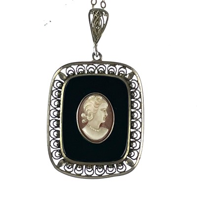 Lot 247 - A coral stick bead necklace, silver cameo pendant and a watch pendant on chain.