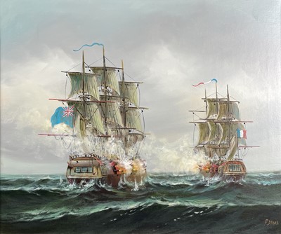 Lot 1464 - P Davies (XX) Battle at sea Oil on canvas...