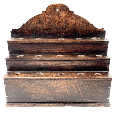 Lot 31 - A Welsh burr elm and oak cawl spoon rack, probably circa 1800.