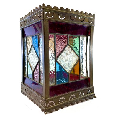 Lot 34 - A Victorian stained glass and brass hanging lantern.