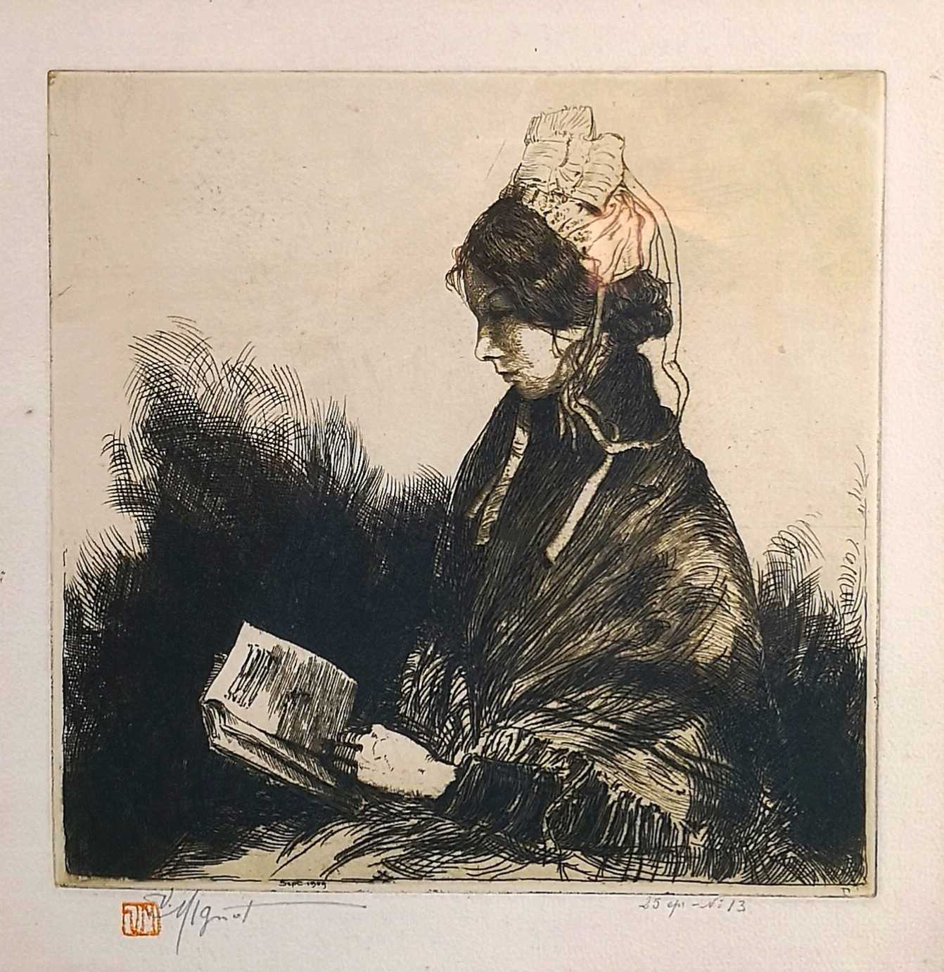 Lot 1434 - Victor Mignot, The Good Book, Etching, Signed...