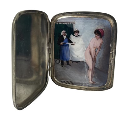 Lot 447 - A good continental silver plated and enamel erotic cigarette case.