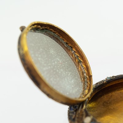 Lot 169 - A Russian silver gilt champlevé enamel compact pendant.