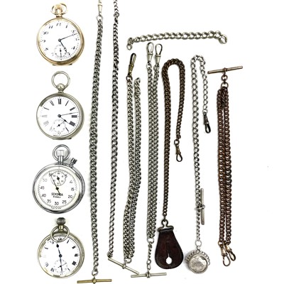 Lot 375 - Three pocket watches and a Sekonda stopwatch and watch chains.