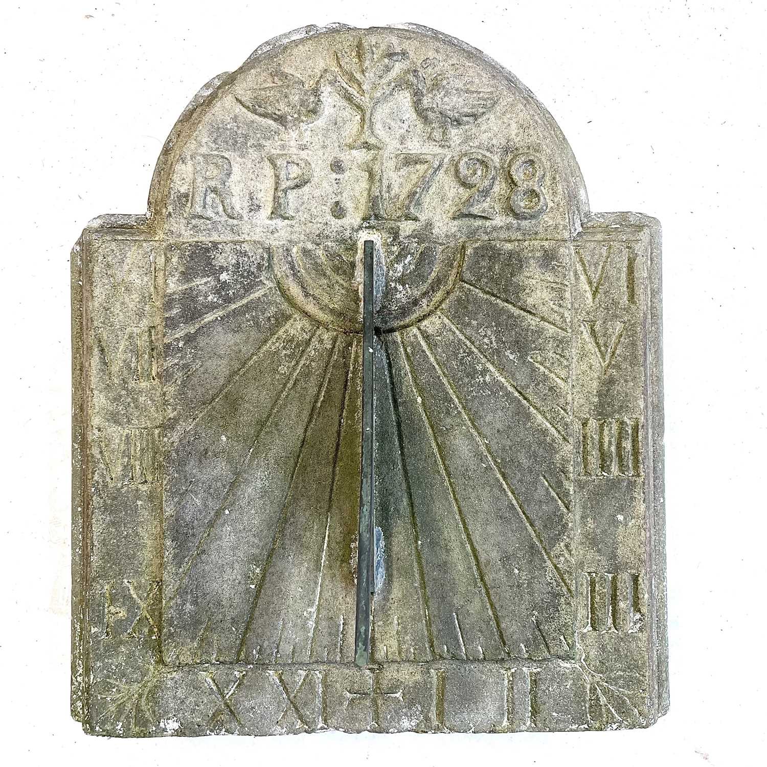 Sundial Inscription Notes Lot 160 - A sandstone and lead sundial, inscribed 'R.P.
