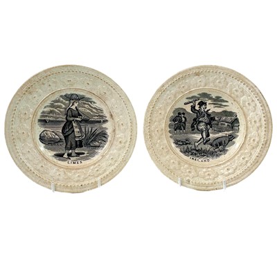 Lot 87 - Two Victorian black printed pearlware nursery plates, entitled 'Ireland and Limes'.