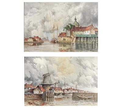 Lot 1454 - Louis Van Staaten Dutch riverside town scenes...