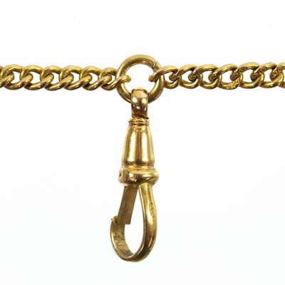 Lot 179 - An 18ct gold long guard chain with dog clip pendant.