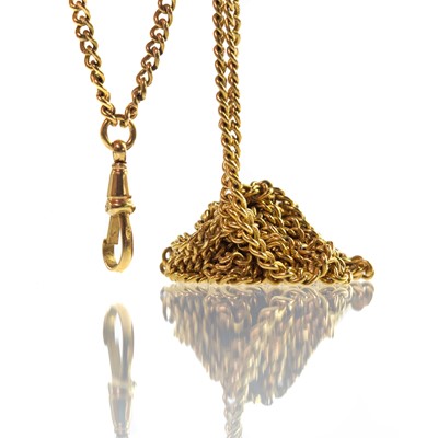Lot 179 - An 18ct gold long guard chain with dog clip pendant.