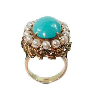 Lot 149 - A 14ct gold pearl and turquoise set dress ring.