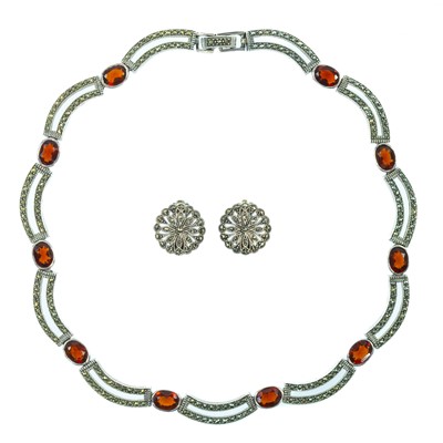 Lot 246 - A silver, garnet and mascasite set necklace and matching pair of earrings, stamped 925.