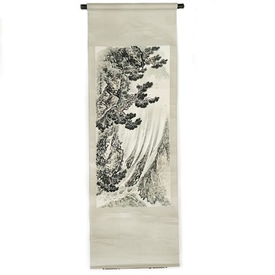 Lot 210 - A Chinese ink and watercolour scroll painting of a waterfall.