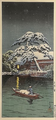 Lot 44 - A Japanese woodblock print, 'Snow at Funabori', by Kawasi Hasui.