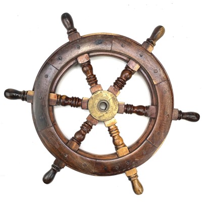 Lot 81 - A teak and brass yacht or ship's wheel, mid...