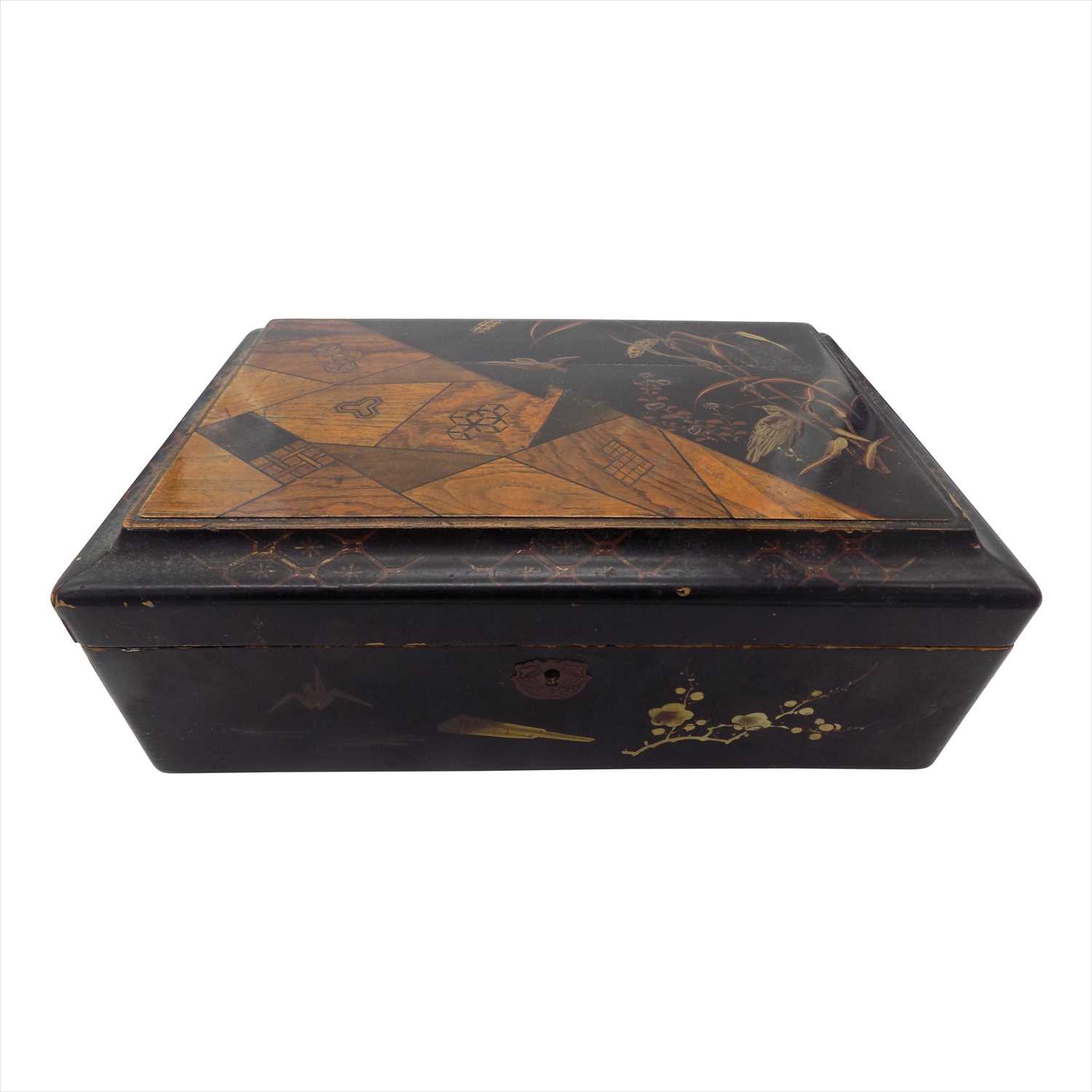 Lot 1114 - A Japanese black lacquer and marquetry work...