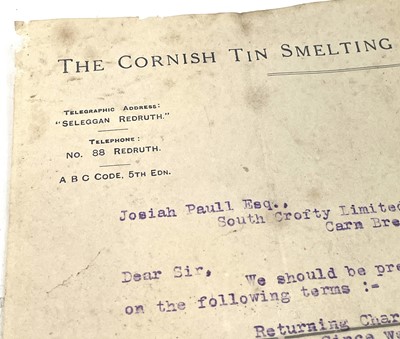 Lot 180 - A letter from the Cornish Tin Smelting Company...