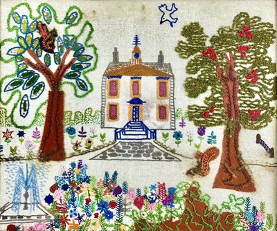 Lot 128 - A folk art woolwork picture of a country scene.