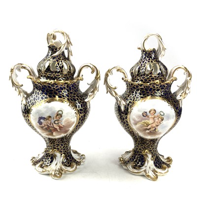 Lot 829 - Pair of English porcelain pot pourri vases and...