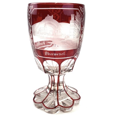 Lot 898 - A Bohemian red overlay glass goblet, circa...