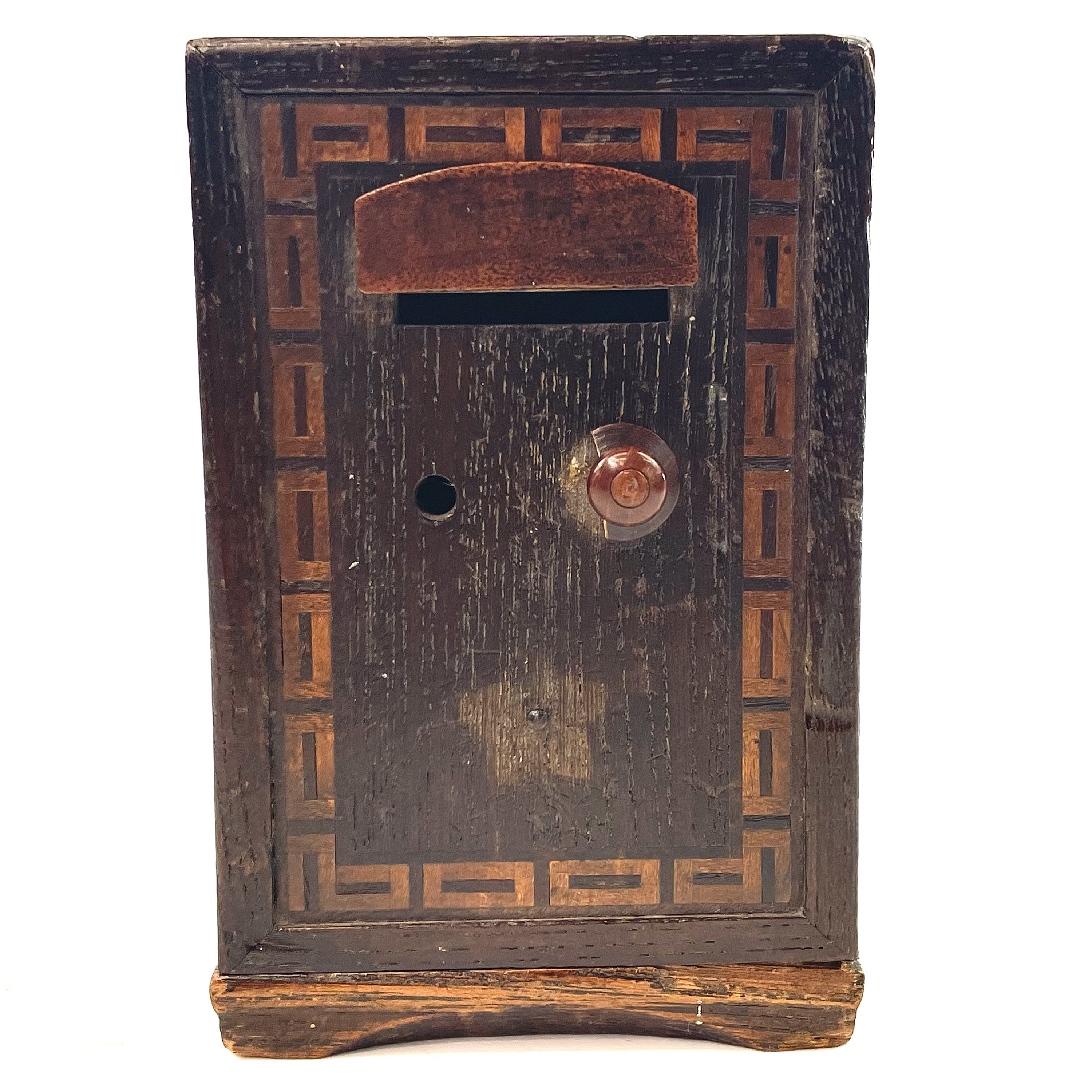 Lot 129 An oak money box in the form of a safe, 19th