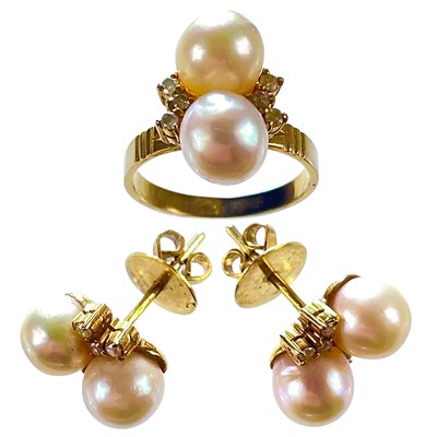 Lot 244 - A high purity gold diamond and pearl set ring and matching pair of earrings.