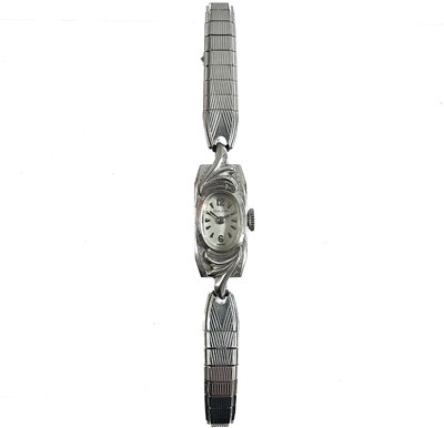 Lot 69 - A 1960's Bulova 14ct white gold cased lady's manual wind bracelet cocktail wristwatch.