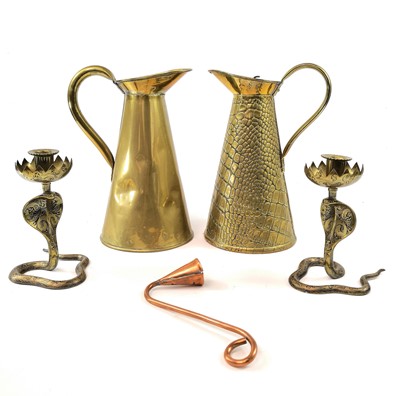 Lot 283 - A pair of Indian brass cobra candle holders,...