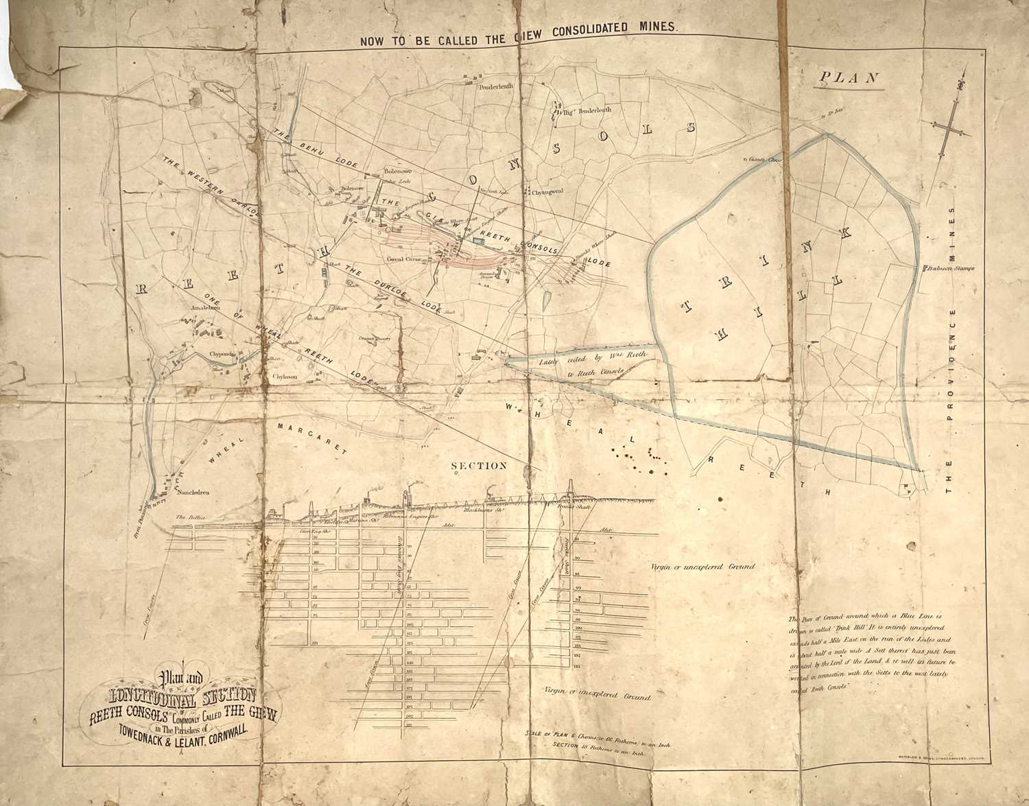 Mining Map Roche Cornwall Lot 89 - A Cornish mine map for Reeth Consols, printed