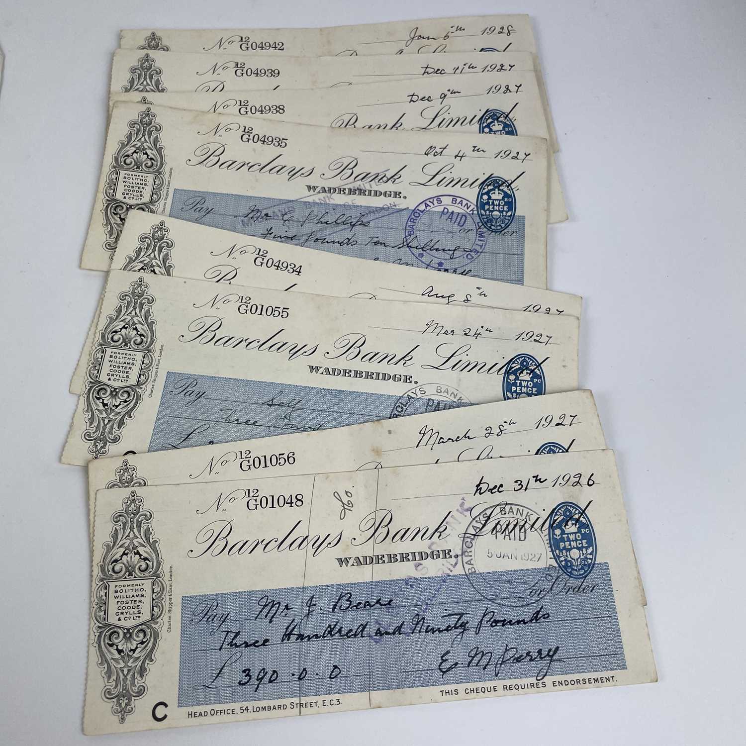 Lot 224 - 1920's Era Cheques - Cornish Interest.
