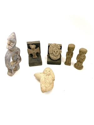 Lot 305 - Pre-Columbian style soapstone carving of a seated figure with chip carved decoration.