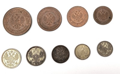 Lot 280 - Imperial Russia Tsar Nicholas II 1860's - 1890's Coins (x9).
