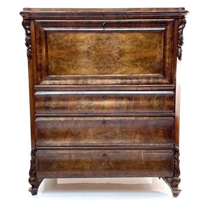 Lot 1907 - A Continental figured mahogany secretaire a...