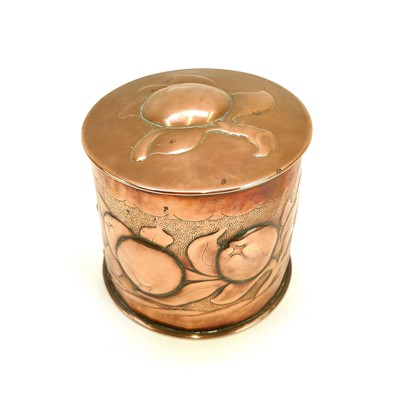 Lot 9 - A Newlyn copper cylindrical tea caddy and cover.