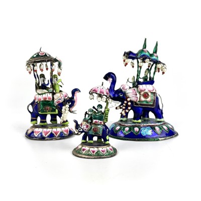 Lot 1049 - Three Indian silver and polychrome enamel chess pieces, early-mid 20th century.