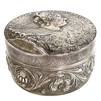 Lot 130 - A 19th century German silver circular embossed box by Martin Sugar.