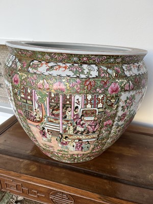 Lot 108 - A large Chinese Canton porcelain fish bowl jardiniere on stand, 20th century.