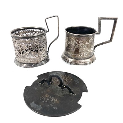 Lot 93 - Two Russian silver cup holders a silver pot lid.