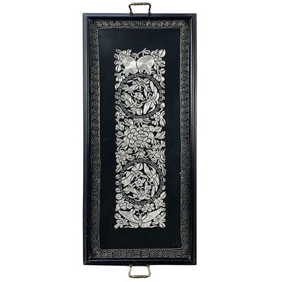 Lot 244 - An early 20th century ebonized rectangular tray with a Chinese embroidered panel under glass