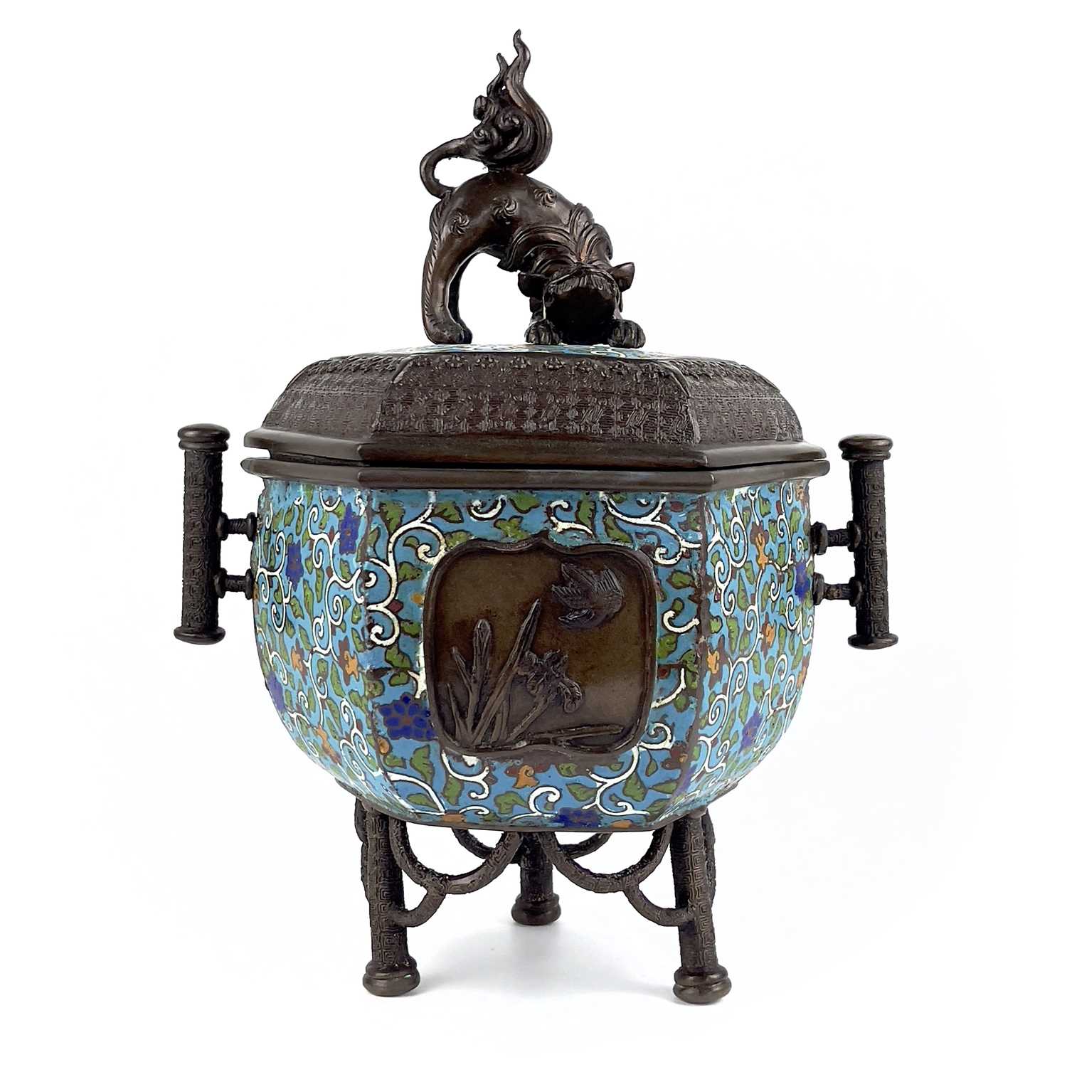 Lot 71 - A Japanese bronze and cloisonne incense burner, Meiji period.