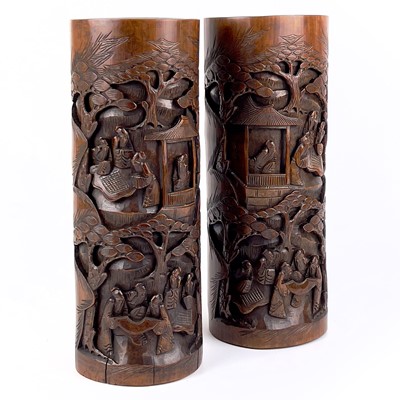 Lot 178 - A pair of Chinese bamboo cylindrical brush pots, circa 1900.