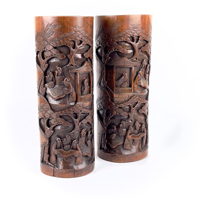 Lot 178 - A pair of Chinese bamboo cylindrical brush pots, circa 1900.