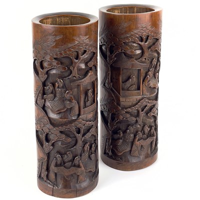 Lot 178 - A pair of Chinese bamboo cylindrical brush pots, circa 1900.